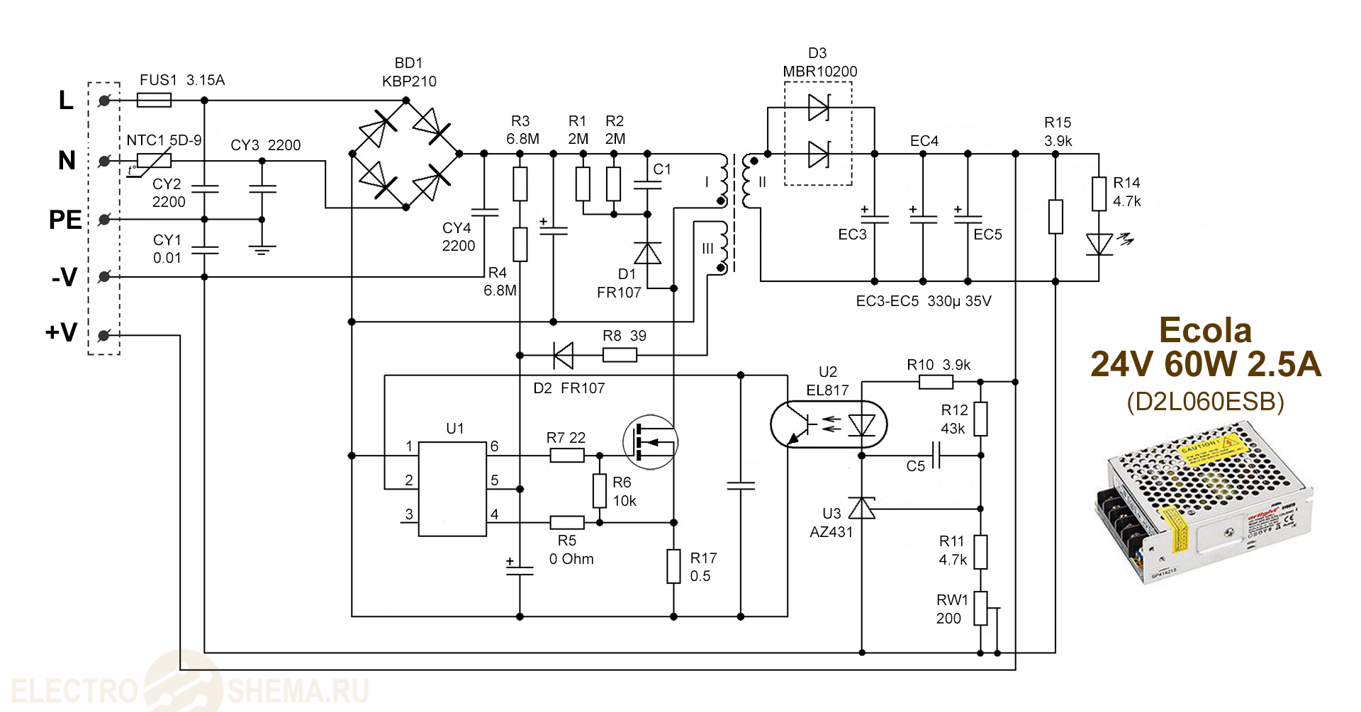 Принципиальная схема блока питания для светодиодной ленты Ecola
