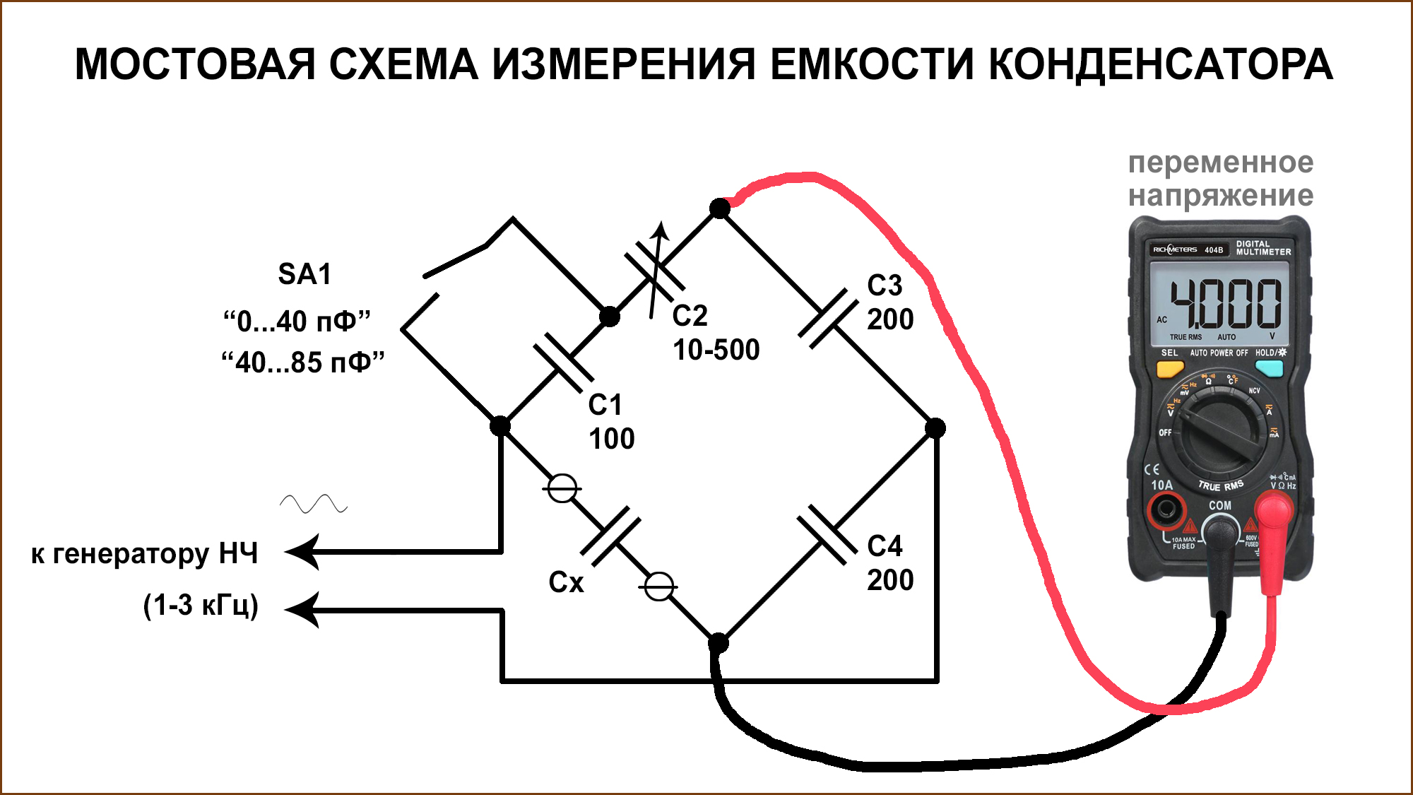Измерение емкость конденсатора по мостовой схеме